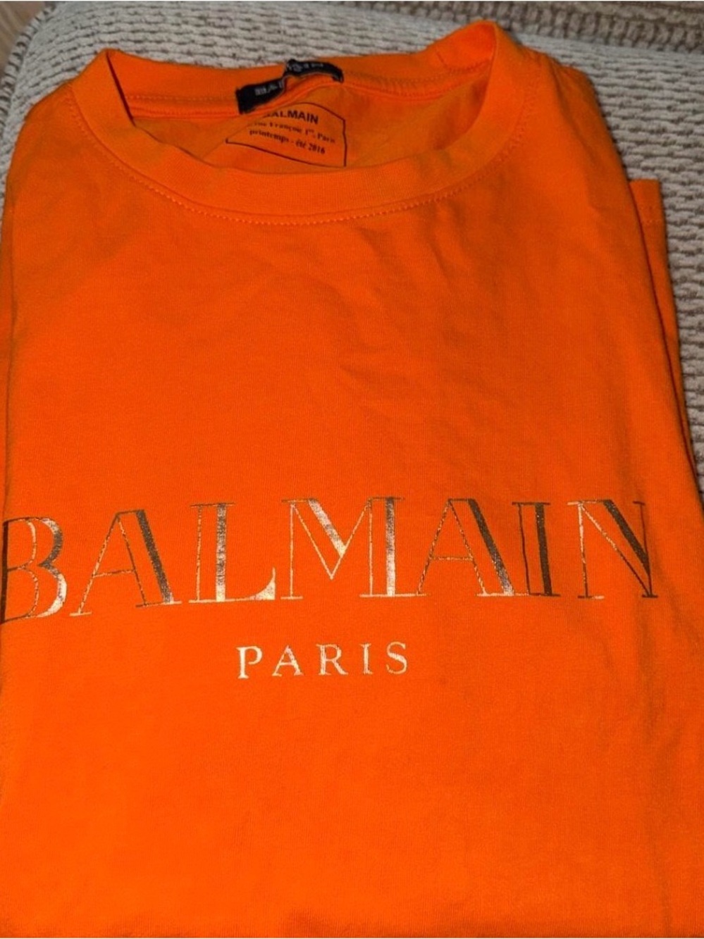 Balmain Men’s Bright Orange Tee with Metallic Logo